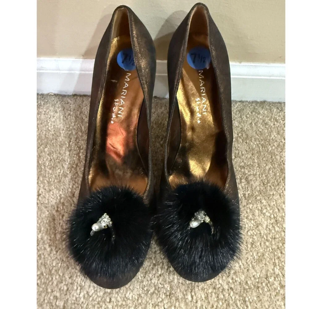 Mariani Studio Bronze Metallic Pumps Womens 7.5 Mink Fur Pom Accent Heels Shoes
